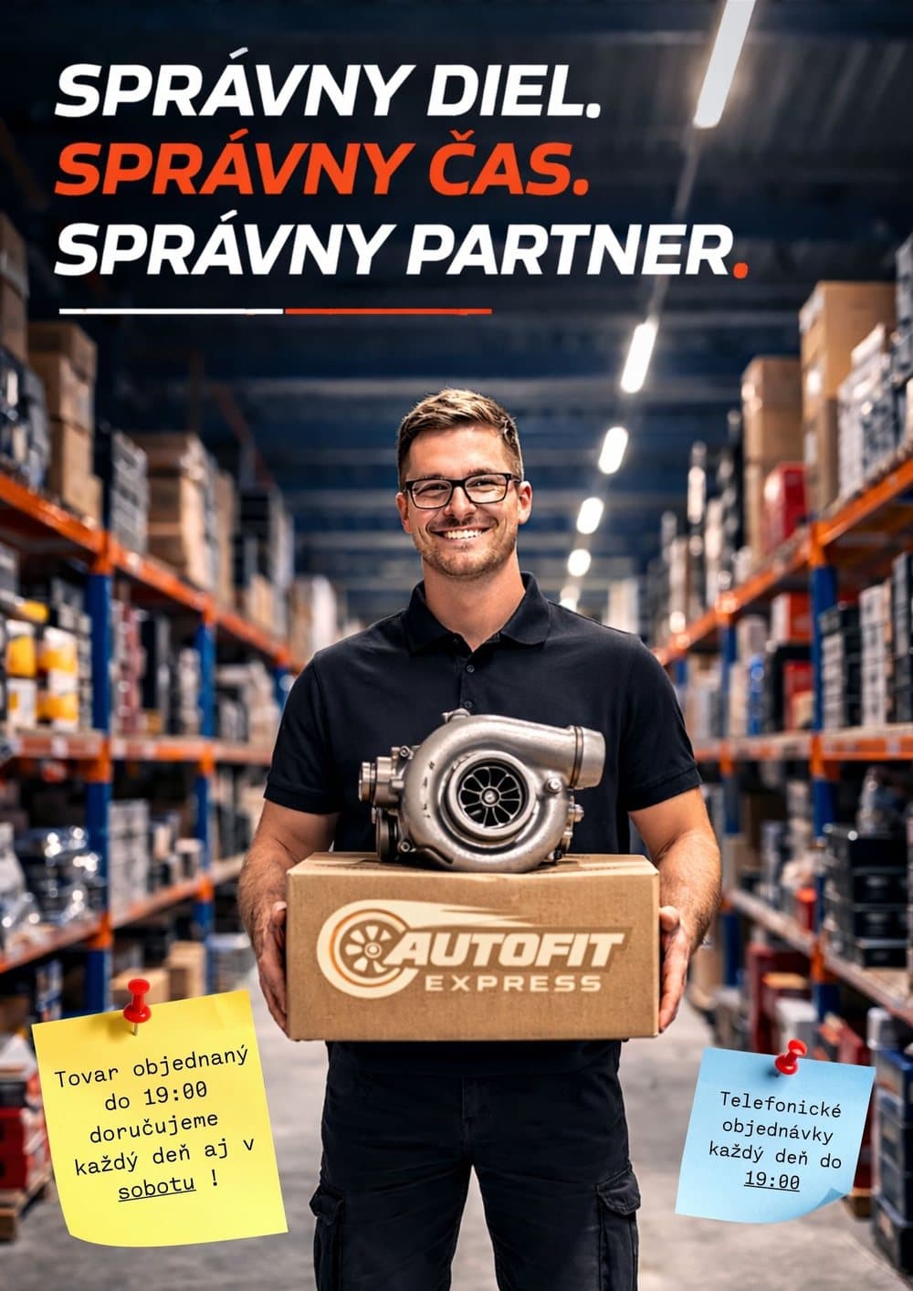 Správny diel. Správny čas. Správny partner. Pracovník AUTOFIT EXPRESS s dielom v sklade – tovar objednaný do 19:00 doručujeme každý deň, aj v sobotu.